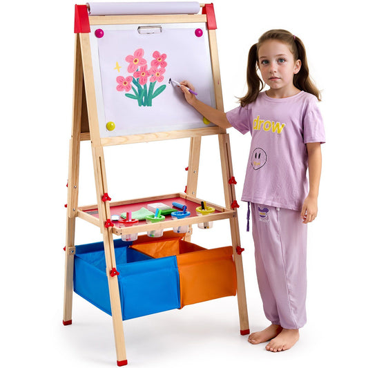 3-in-1 Kids Double-Sided Wooden Art Easel with Whiteboard and Chalkboard