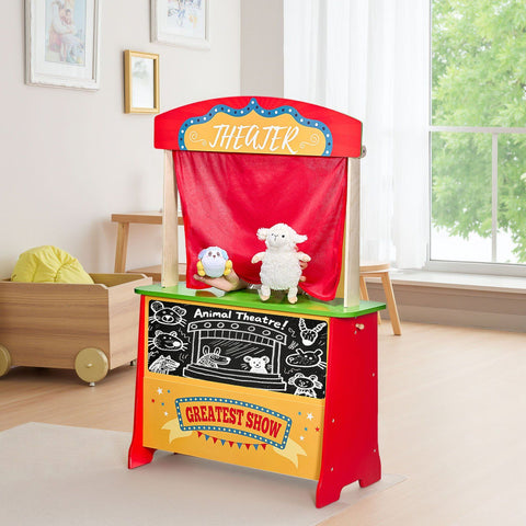 2-in-1 Wooden Puppet Theater and Kids Play Store Market Stand