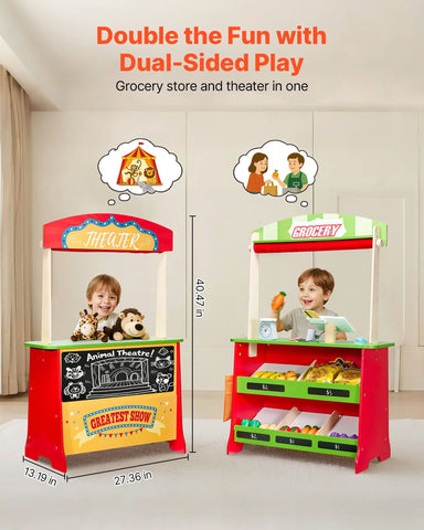 2-in-1 Wooden Puppet Theater and Kids Play Store Market Stand