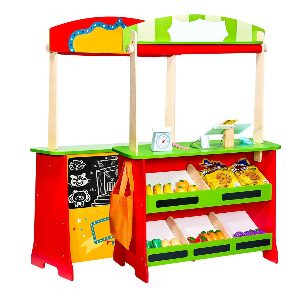 2-in-1 Wooden Puppet Theater and Kids Play Store Market Stand