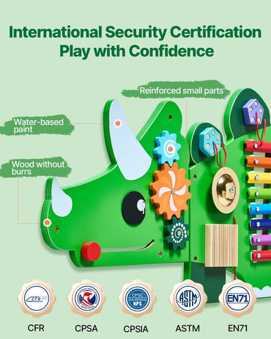 11-Activity Dinosaur Sensory Wall Busy Board Panel for Kids