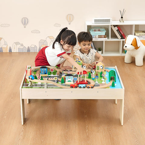 84-Piece Wooden Kids Train Table Activity Set With Storage Bin