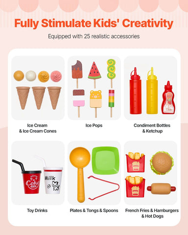 25-Piece Pretend Play Ice Cream Cart Playset for Kids