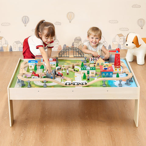 120-Piece Wooden Kids Activity Train Table With Storage Bin