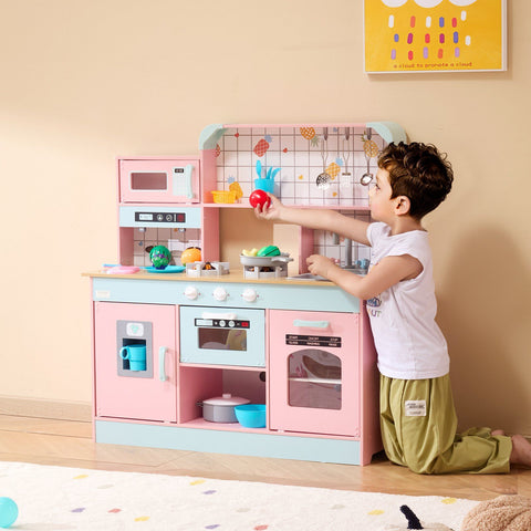 24-Piece Kids Wooden Play Kitchen Set With Accessories Pink