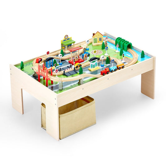 84-Piece Wooden Kids Train Table Activity Set With Storage Bin