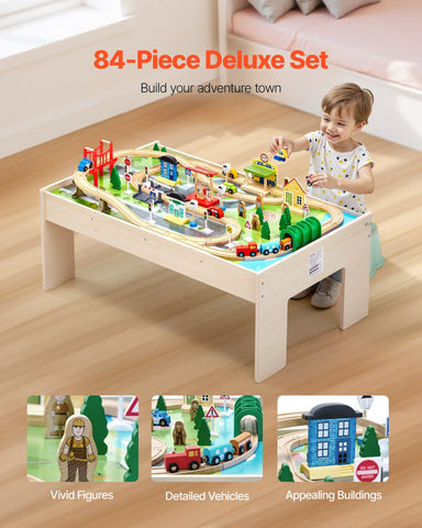 84-Piece Wooden Kids Train Table Activity Set With Storage Bin