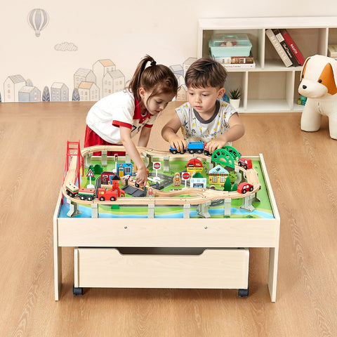 100-Piece Wooden Kids Activity Train Table Set