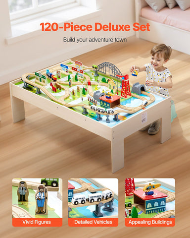 120-Piece Wooden Kids Activity Train Table With Storage Bin