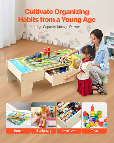 62-Piece Wooden Kids Activity Train Table with Large Storage Drawer
