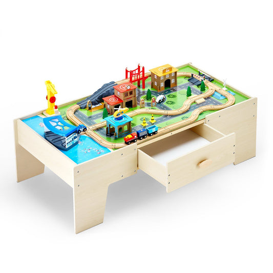62-Piece Wooden Kids Activity Train Table with Large Storage Drawer