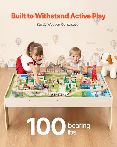 120-Piece Wooden Kids Activity Train Table With Storage Bin