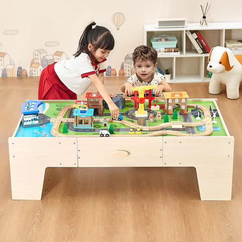 62-Piece Wooden Kids Activity Train Table with Large Storage Drawer