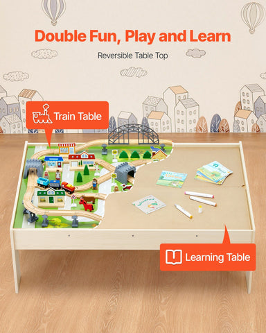 120-Piece Wooden Kids Activity Train Table With Storage Bin