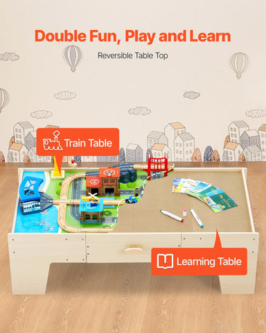 62-Piece Wooden Kids Activity Train Table with Large Storage Drawer