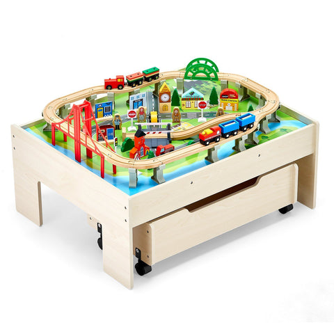 100-Piece Wooden Kids Activity Train Table Set
