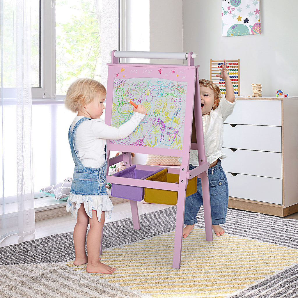 3-in-1 Kids Wooden Art Easel with Storage Baskets
