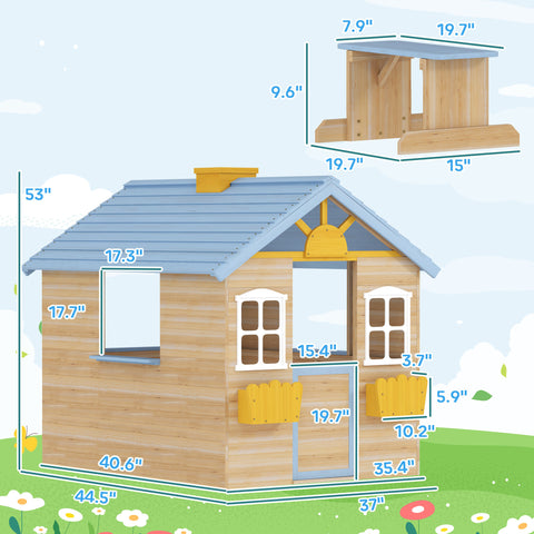 Kids Wooden Outdoor Garden Playhouse with Bench and Service Station