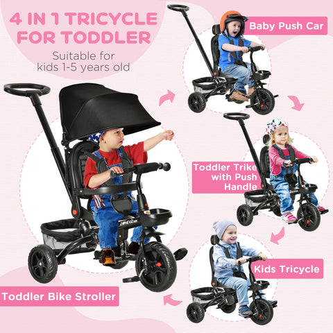 4-in-1 Foldable Toddler Tricycle with Reversible Seat and Canopy