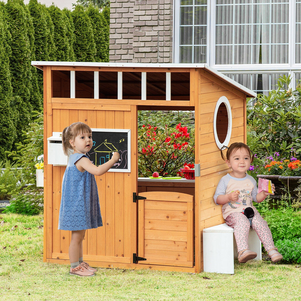 Outdoor Wooden Playhouse with Door, Windows, Mailbox, and Bench