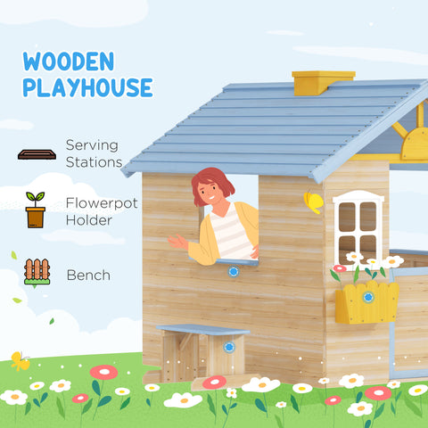 Kids Wooden Outdoor Garden Playhouse with Bench and Service Station