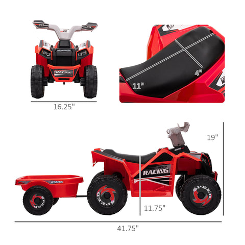 6V Electric Ride-On Toddler ATV with Back Trailer, Red