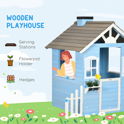 Outdoor Wooden Playhouse with Service Stations and Flower Pot Holders