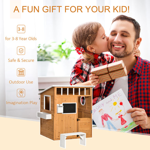 Outdoor Wooden Playhouse with Door, Windows, Mailbox, and Bench
