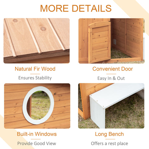 Outdoor Wooden Playhouse with Door, Windows, Mailbox, and Bench
