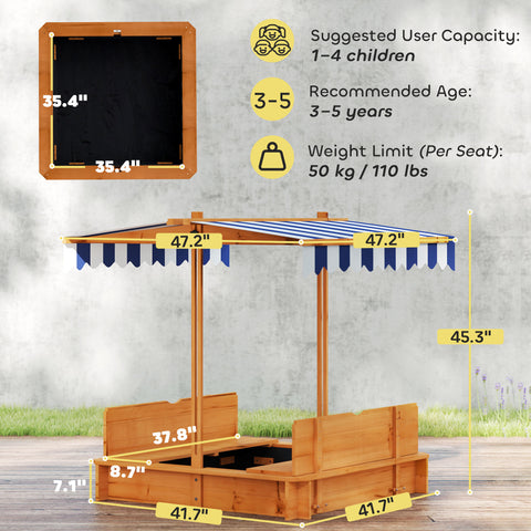 Kids Wooden Sandbox with Adjustable Canopy and Foldable Seats