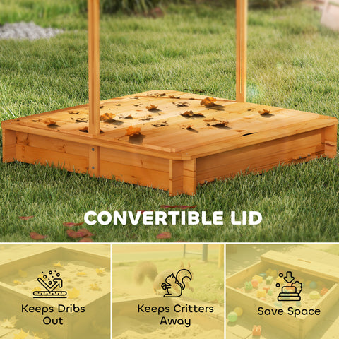 Kids Wooden Sandbox with Adjustable Canopy and Foldable Seats