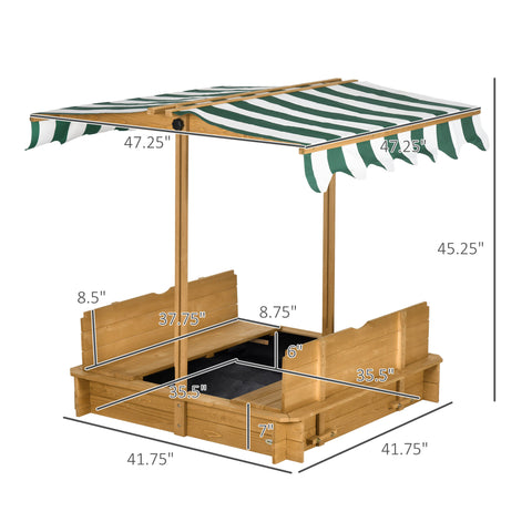 Wooden Kids Sandbox with Adjustable Canopy and Foldable Bench Seats