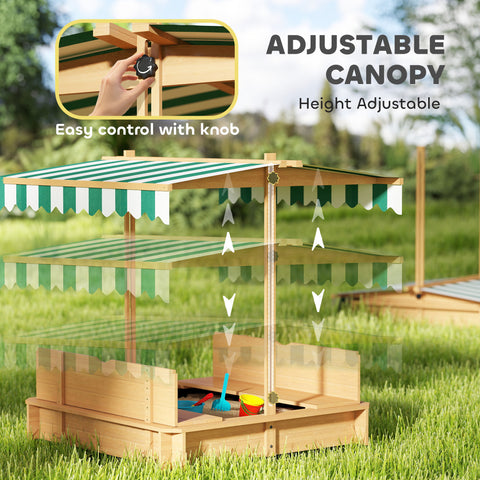 Wooden Kids Sandbox with Adjustable Canopy and Foldable Bench Seats