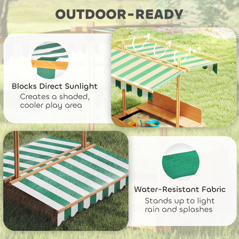 Wooden Kids Sandbox with Adjustable Canopy and Foldable Bench Seats