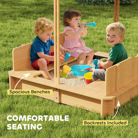 Wooden Kids Sandbox with Adjustable Canopy and Foldable Bench Seats