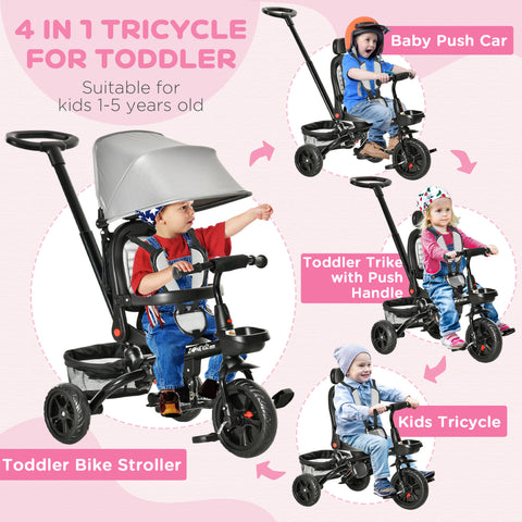 4-in-1 Foldable Toddler Tricycle with Canopy and Handle