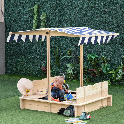 Wooden Kids Sandbox with Adjustable Canopy and Convertible Bench Seats