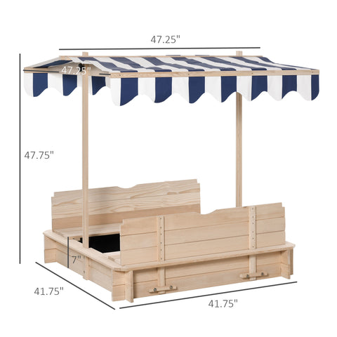 Wooden Kids Sandbox with Adjustable Canopy and Convertible Bench Seats