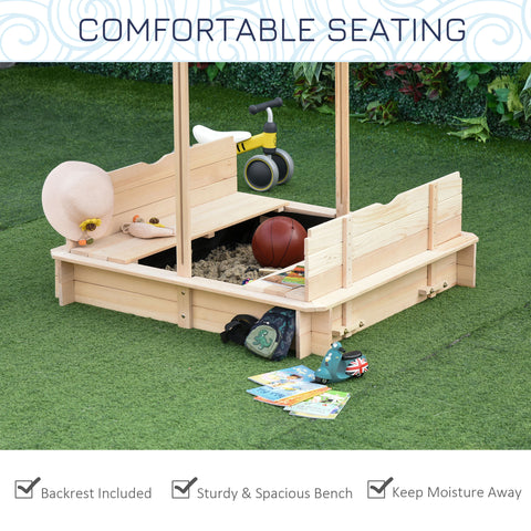 Wooden Kids Sandbox with Adjustable Canopy and Convertible Bench Seats