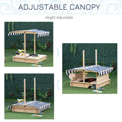 Wooden Kids Sandbox with Adjustable Canopy and Convertible Bench Seats