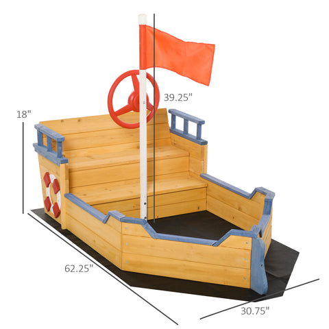Kids Wooden Pirate Ship Sandbox with Bench and Storage