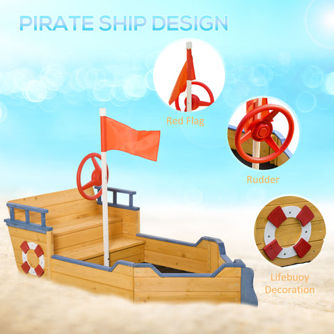 Kids Wooden Pirate Ship Sandbox with Bench and Storage