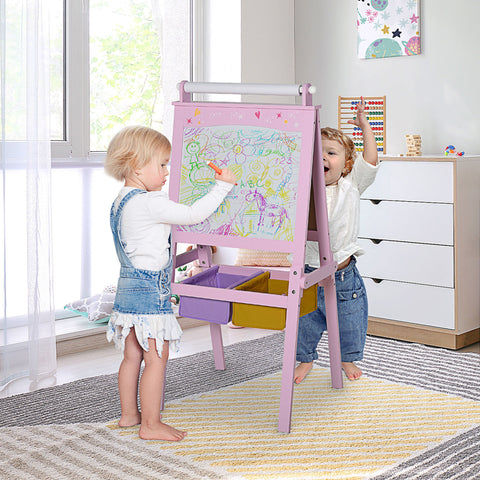 3-in-1 Kids Wooden Art Easel with Storage Baskets