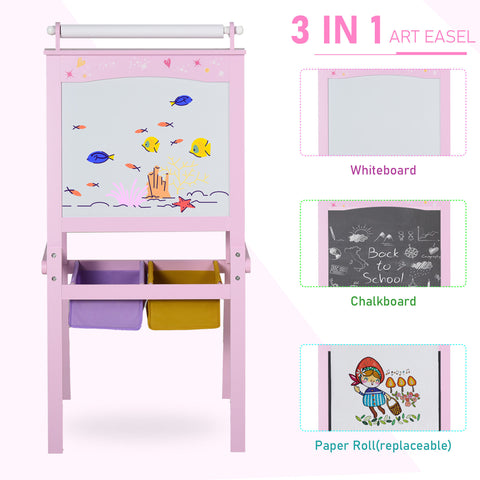 3-in-1 Kids Wooden Art Easel with Storage Baskets