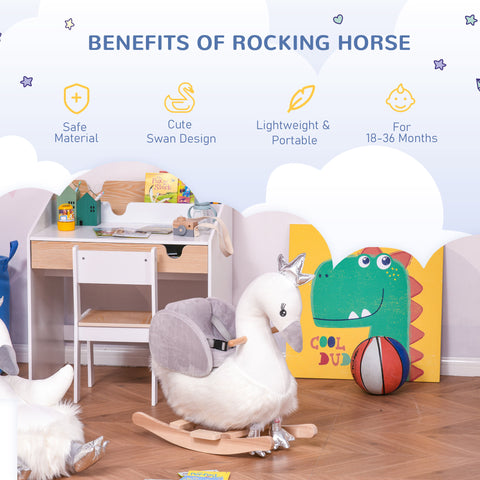Plush Swan Rocker with Sound and Wooden Base for Toddlers