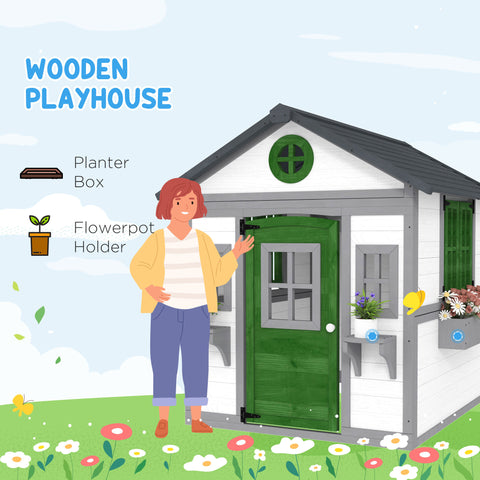 Outdoor Wooden Playhouse with Planter Pots and Boxes for Toddlers