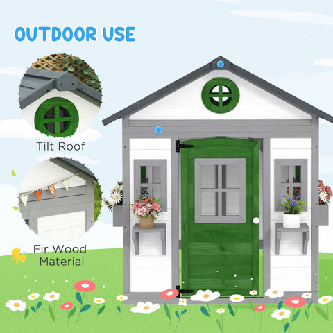 Outdoor Wooden Playhouse with Planter Pots and Boxes for Toddlers