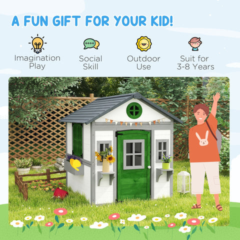 Outdoor Wooden Playhouse with Planter Pots and Boxes for Toddlers