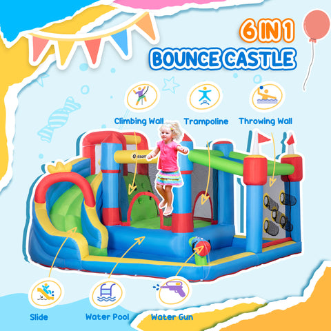 6-in-1 Inflatable Water Slide with Splash Pool and Climbing Wall