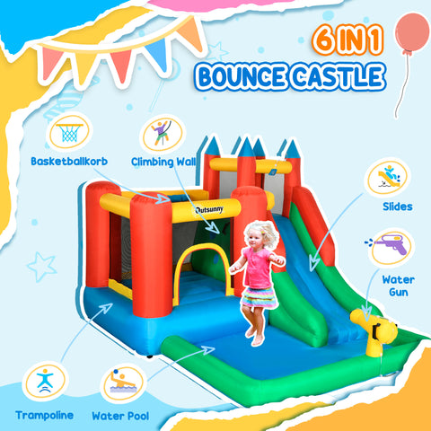 6-in-1 Inflatable Bounce House with Water Slide and Splash Pool